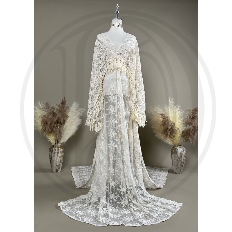 Don&Judy Floral Embroidery Maternity Wedding Dress Fringes Sleeve Cape Bohemian Pregnancy Bridal Photoshoot Gown Rustic Dresses