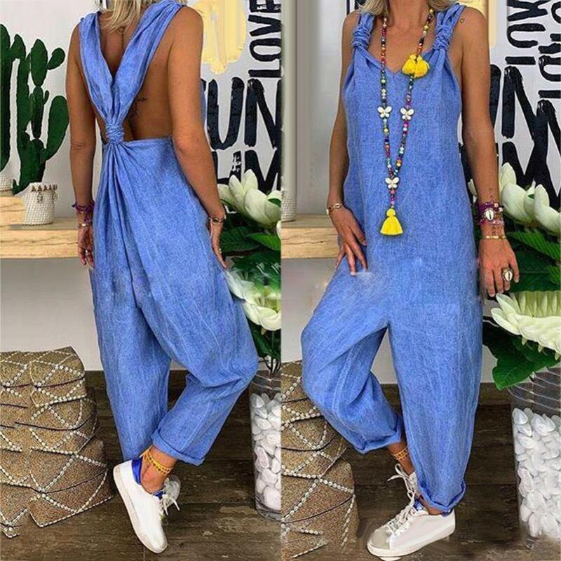 2023 Women Solid Color Bib Overall Sleeveless Backless Knotted Jumpsuit Dungarees Oversized Rompers Vintage Overalls Playsuits