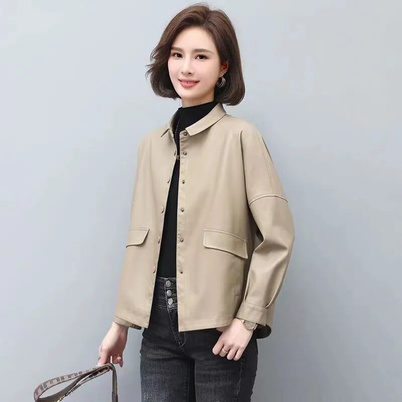 Abrigo corto holgado de piel sintética para mujer, chaqueta informal de oficina, versión coreana, primavera y otoño, 2023