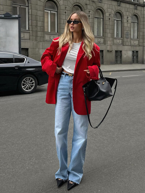 Chaqueta de manga larga con bolsillos para mujer, ropa de calle informal con botonadura única, color rojo, Otoño, 2024