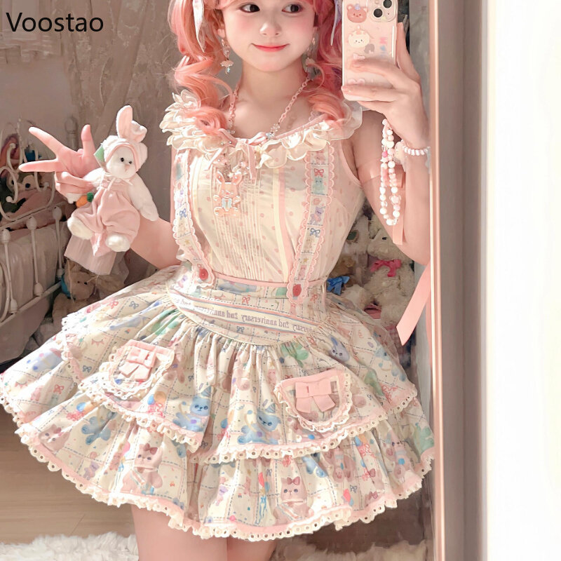 Stile giapponese Kawaii Lolita 2 pezzi Set donna dolce pizzo volant camicetta stampa cartone animato minigonne ragazze moda coreana Y2k vestito