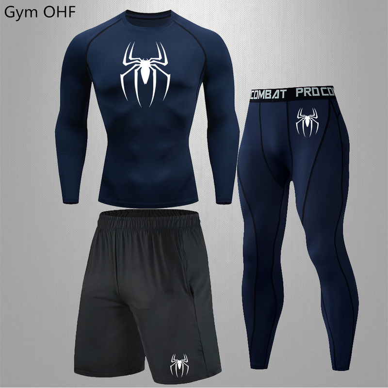 Super Spider Men's Printed Compression Set Long Sleeve Gym Top + Fitness Pants + Athletic Shorts Quick Drying Rash Guard Set