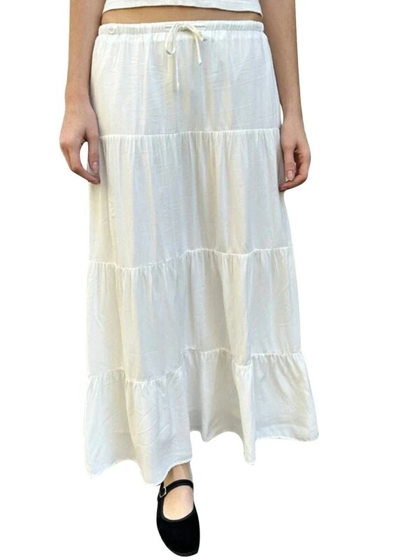 Women Fairy Grunge Flowy Maxi Skirts Y2k Low Waist Drawstring Skirts Summer Cute A Line Long Beach Skirts