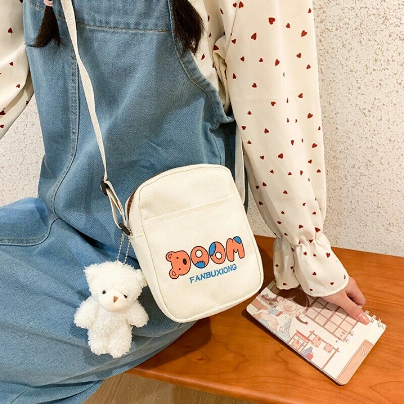 Cute Bear Printed Canvas Messenger Bag for Women Men Fashion Shoulder Bag Student Zipper Small Crossbody Bags Fashion Handbags