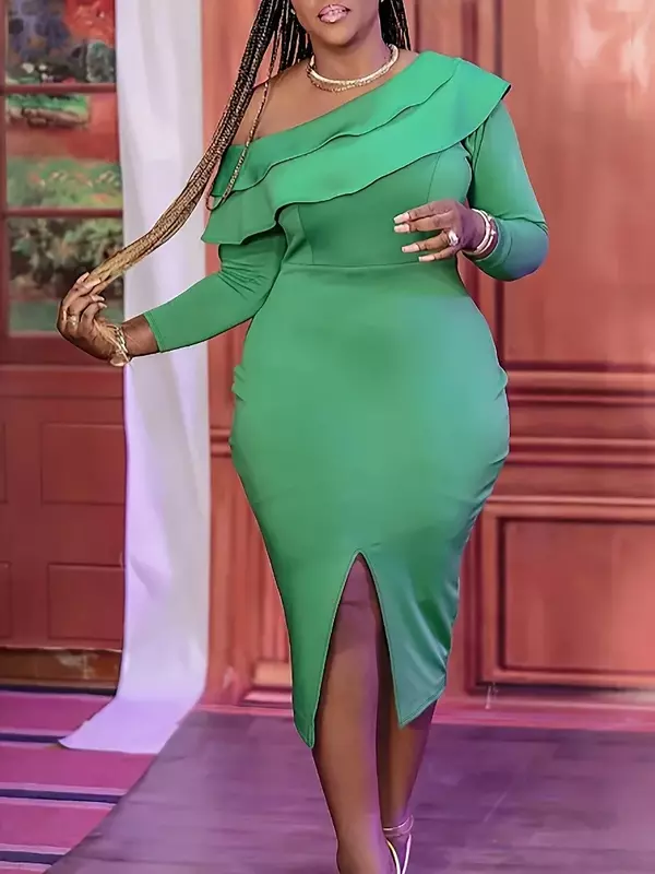 Gaun malam pesta Afrika untuk wanita gaun Bodycon ukuran Plus hijau lengan panjang Afrika musim semi pakaian Afrika Dashiki XL-5XL