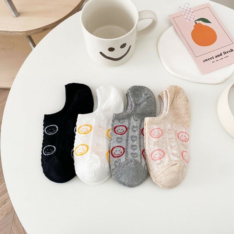 Meias de algodão impressas rosto sorridente para mulheres, meias de tornozelo, confortável, respirável, antiderrapante, kawaii, amor, S104