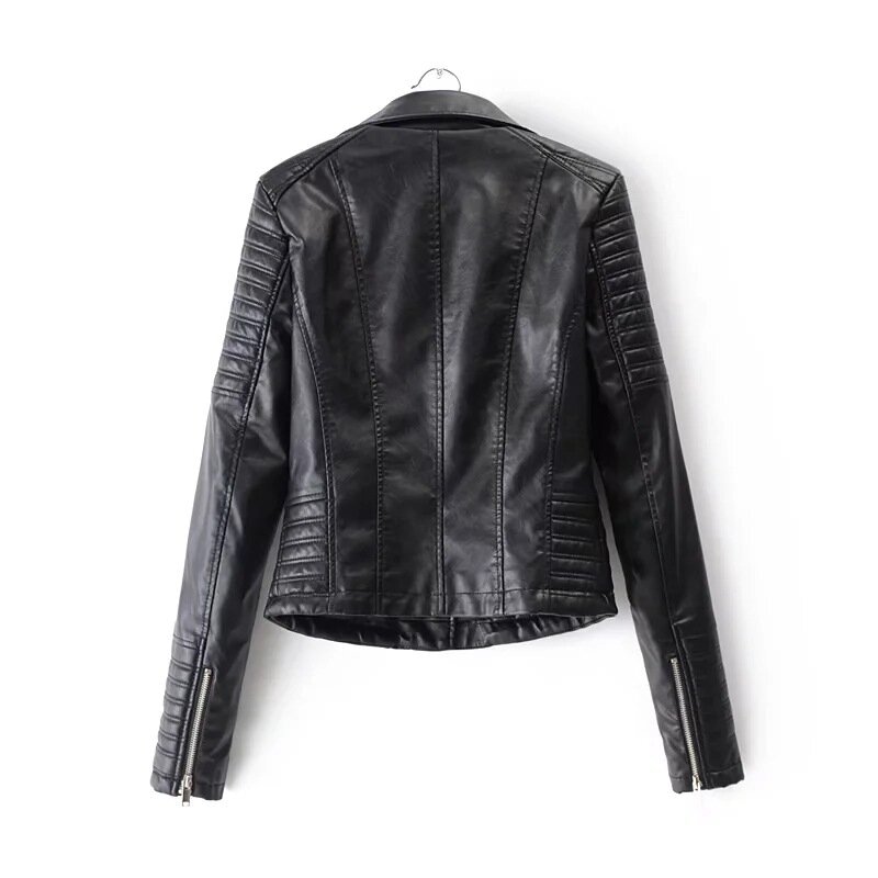 Женская кожаная куртка с отложным воротником, черная мотоциклетная куртка из искусственной кожи в стиле панк, женская верхняя одежда на молнии с заклепками