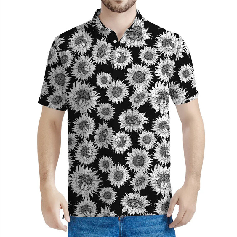 เสื้อโปโลวินเทจพิมพ์ลายดอกทานตะวันสำหรับผู้ชายเสื้อยืดติดกระดุมเสื้อแขนสั้นลายดอกไม้กราฟิก3D ฤดูร้อน
