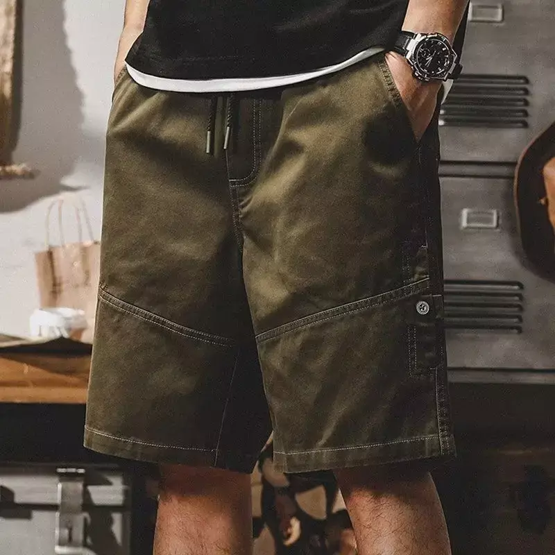 Celana pendek pria, celana pendek kargo dengan tali tombol padat, gaya Vintage Streetwear baru di 2024