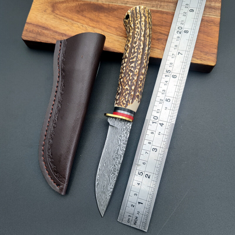 Straight Knife Outdoor Damascus Pattern Bone Imitation Handle Knife Multi functional  High Hardness pocket knife  fixed blade