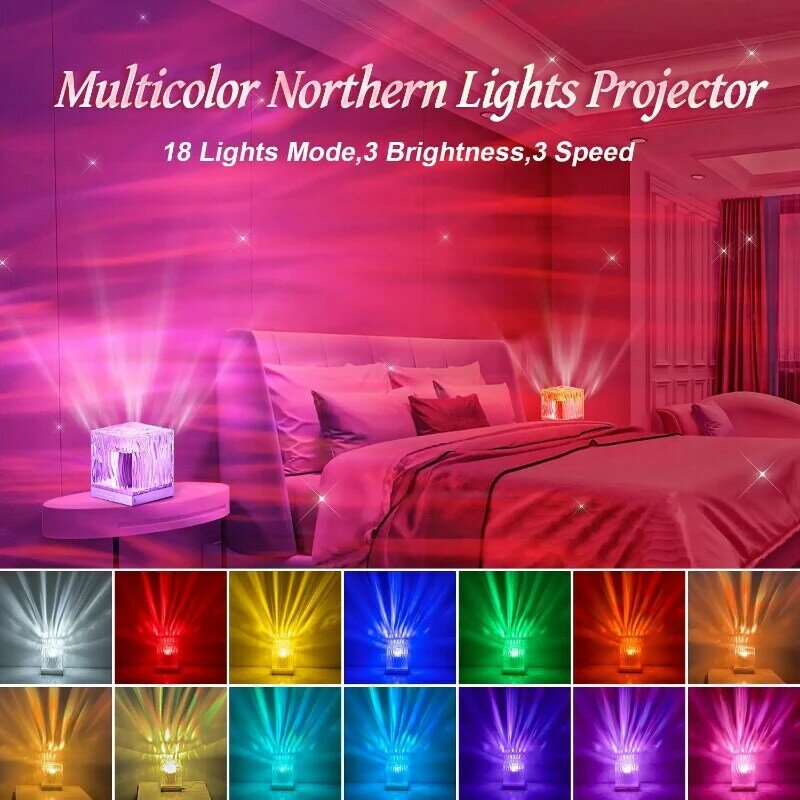 Lampu kristal LED Aurora Northern Light proyektor lampu malam Remote & Timer 17 warna lampu riak air untuk kamar tidur lampu matahari terbenam