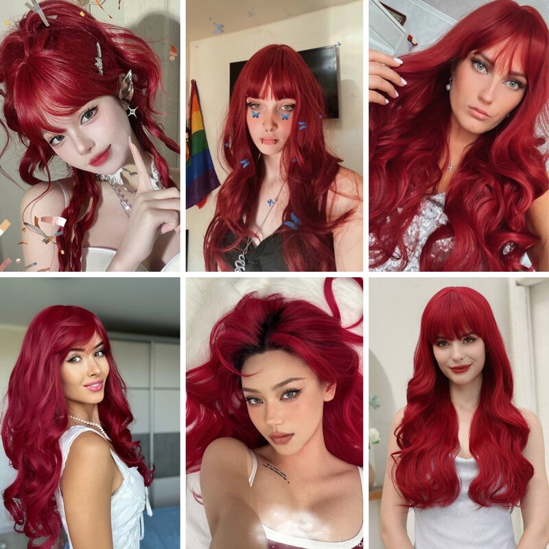 Wig rambut sintetis panjang berombak merah anggur merah untuk wanita gelombang tubuh merah pesta Cosplay Wig alami dengan poni tahan panas