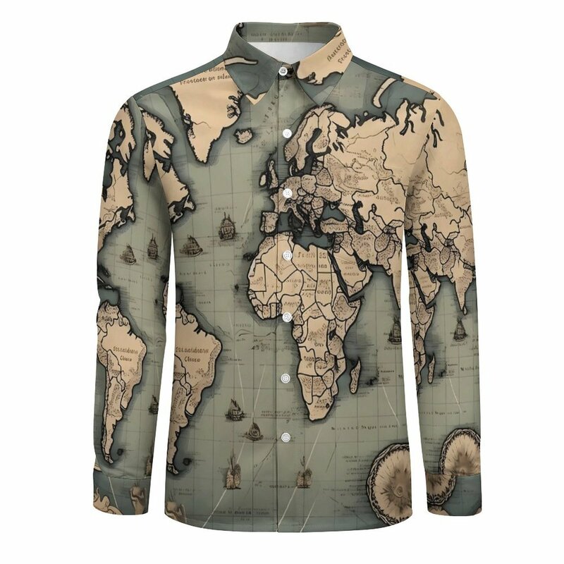 خريطة العالم خمر للرجال قميص طويل الأكمام ، الخريف ، عارضة ، بلوزات أنيقة ، قمة الموضة ديي ، خريطة مشهورة ، زائد الحجم ، 3XL ، 4XL