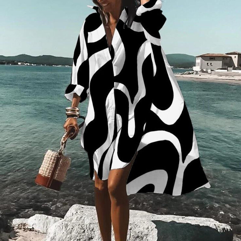 Vestido de praia de manga comprida feminino com lapela estampada, vestido solto, lazer, graça, moda, festa, novo, outono, 2024