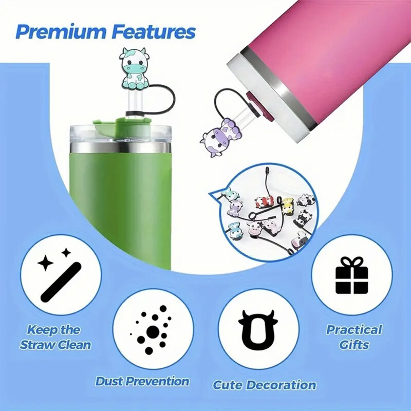 Cute Cat-cubierta de pajita de silicona para bebidas, tapón reutilizable a prueba de salpicaduras, accesorios para vasos, serie 1-8 piezas, 10MM