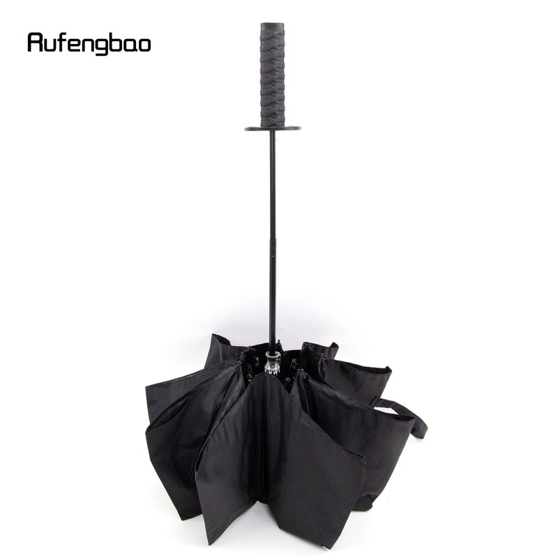 Zwarte Samurai Dames Heren Paraplu, Automatische Paraplu, 8 Botten Opvouwbare UV-Bescherming Zonnige En Regenachtige Dagen Winddichte Paraplu