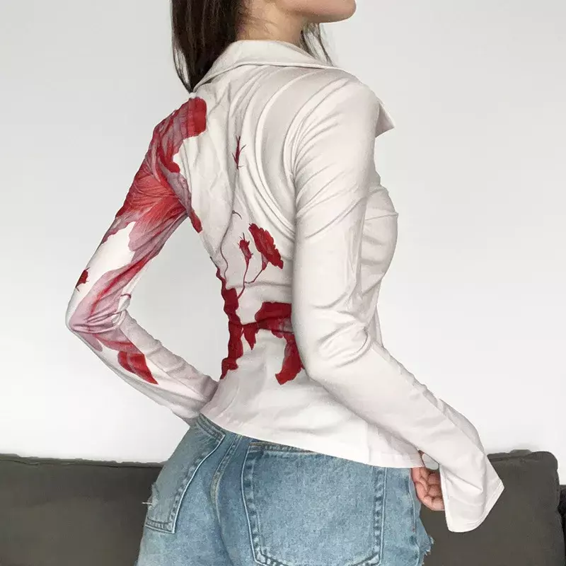 Harajuku nieregularna bluzka kobiety 2023 Vintage Tie Dye Print Y2k seksi koszulka swobodny kołnierz z długim rękawem rozcięty sweter Top