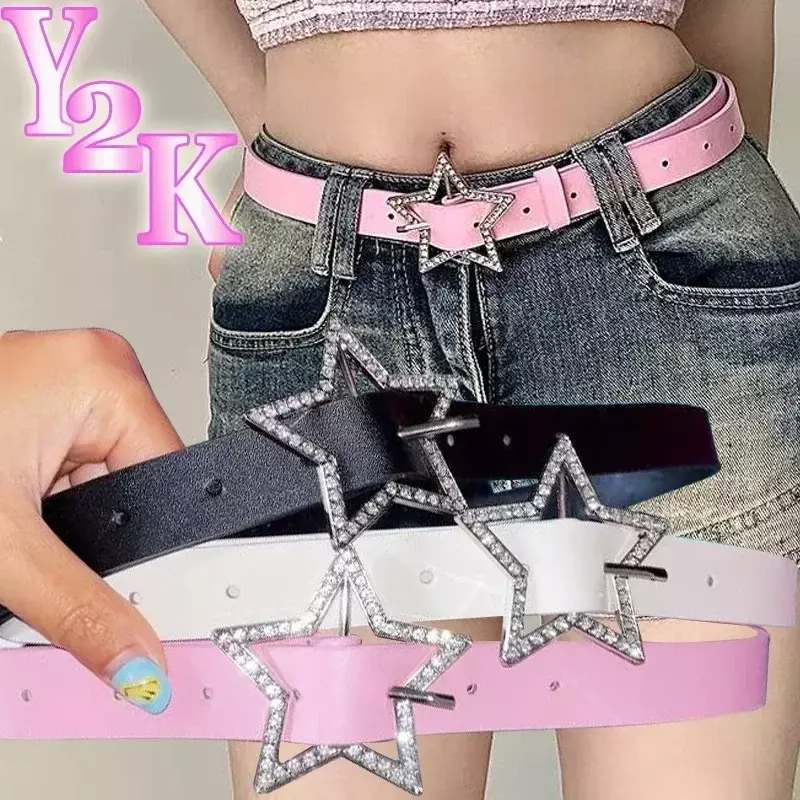 Y2K Star Buckle Belt para Decoração da Noiva, Encadernação Elástica, Cintura Embelezada, Strass Espumante, Acessórios Retro, Couro Rosa, Rosa