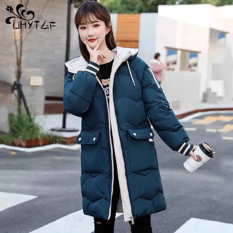 Uhytgf-女性のロングパーカダウンコート、厚手の暖かい綿のジャケット、フード付きコート、カジュアル、コールド、冬、2022、1053