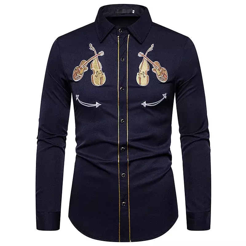 Модная мужская рубашка с отложным воротником и длинным рукавом, удобная мягкая Повседневная футболка с рисунком в виде музыкального инструмента, модель 2023 большого размера