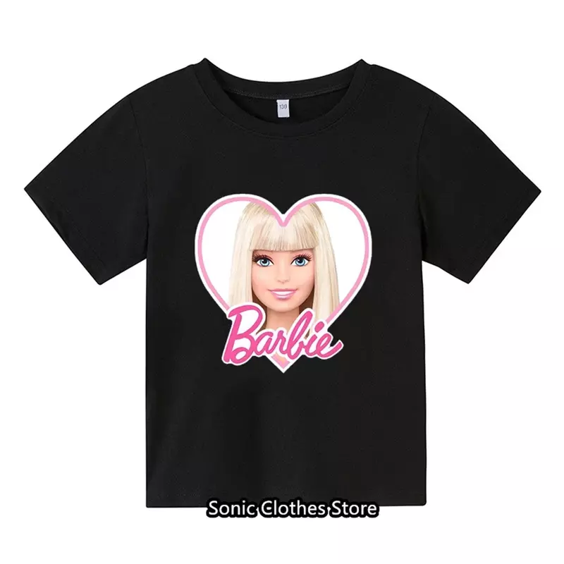 Barbie Kawaii camiseta de manga curta para meninos e meninas, anime de verão dos desenhos animados, gola redonda, camiseta branca Y2K, tops presentes