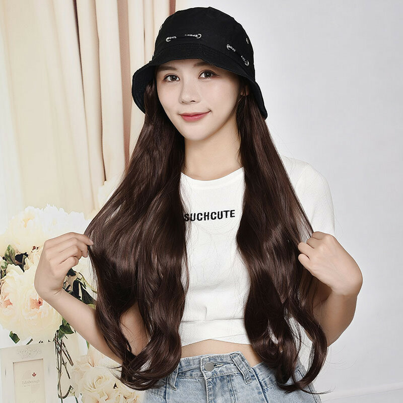 Bucket Hat Synthetic With Hair Cap Fashion Long Curly Hair Big Wave Hat Wigs For Women Clip On Hair Extensions 30 Inches