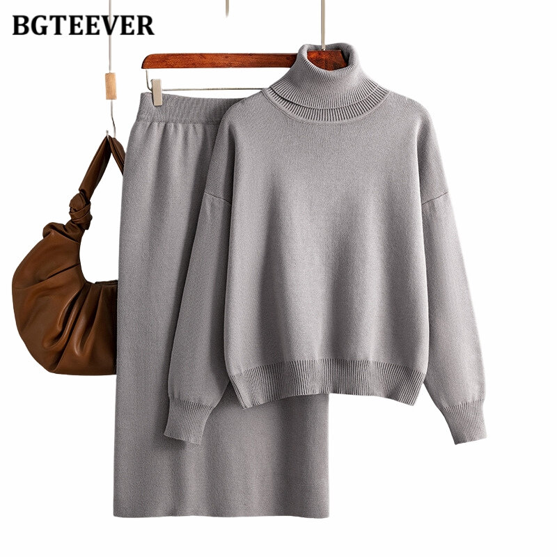BGTEEVER-Conjunto de saia de malha casual feminino, roupas femininas, pulôveres de gola alta, saia feminina de quadril, suéter outono e inverno