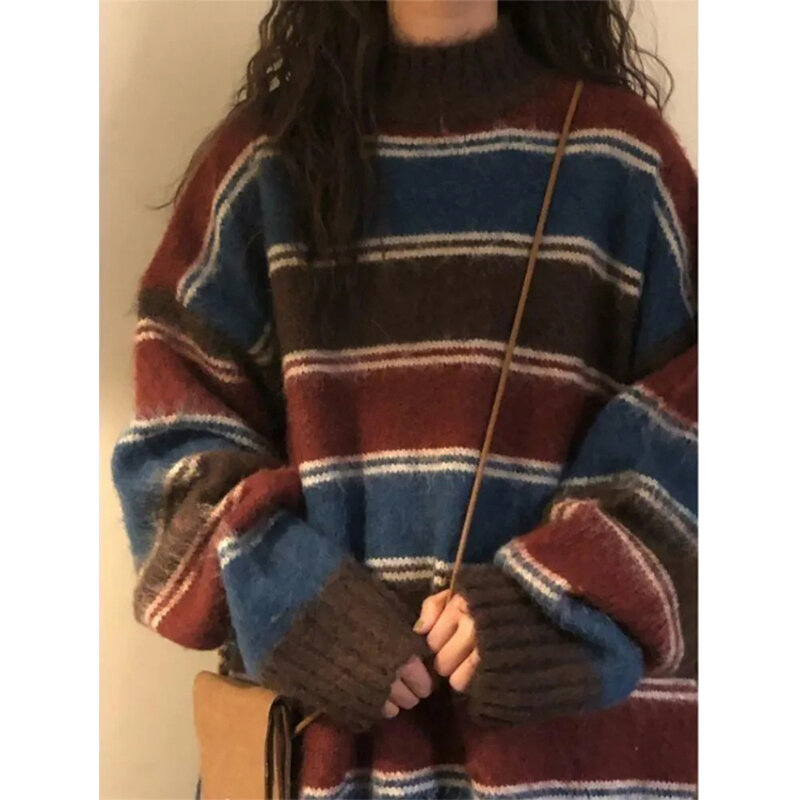 Harajuku maglioni lavorati a maglia donna maglieria a righe oversize Streetwear maglioni Patchwork Vintage Preppy pullover Casual coreani nuovo
