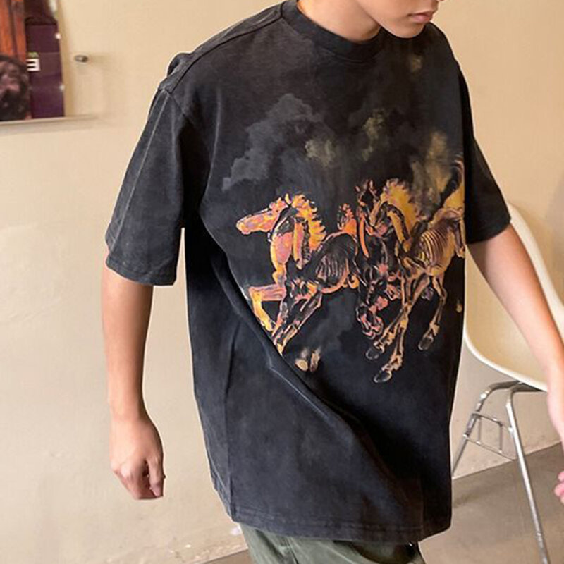 2023 Zomer Nieuwe Katoenen Heren T-Shirt Straat Hiphop Spookpaardenprint Amerikaanse Graffiti Top Casual Losse Plus Size Kleding