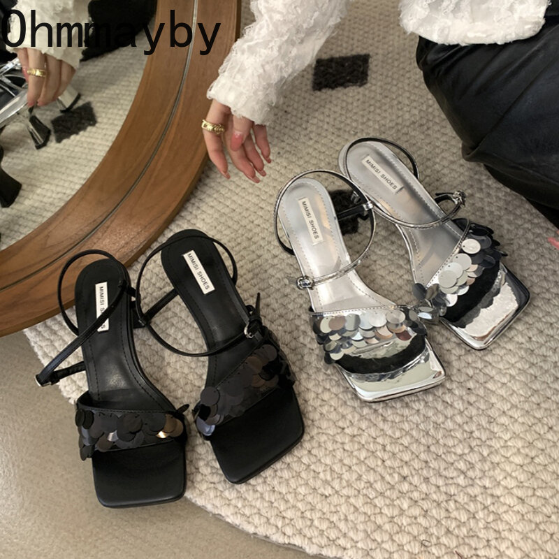 Sandalias de gladiador con lentejuelas para mujer, zapatos elegantes con punta cuadrada, tacón alto, al aire libre para fiesta, verano, 2024