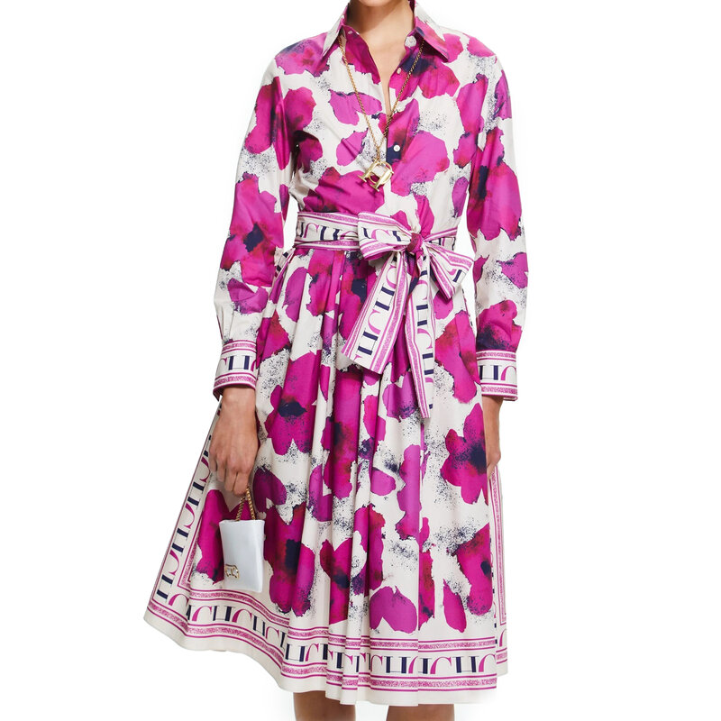 Women\'s Dress Vintage Colorful Print Design Female Lace Up Long Sleeved Dress Classic Elegant Fashion Versatile Ladies Dresses