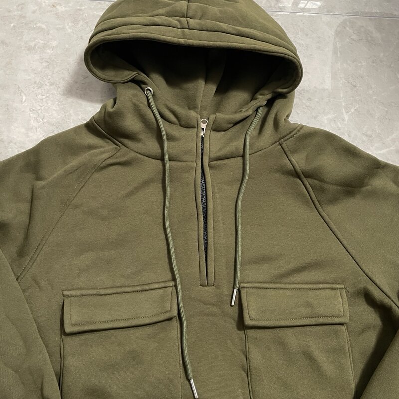 Sudadera con capucha táctica para hombre, chaqueta gruesa de forro Polar con media cremallera, color sólido y cálido, estilo militar, con múltiples bolsillos, para exteriores