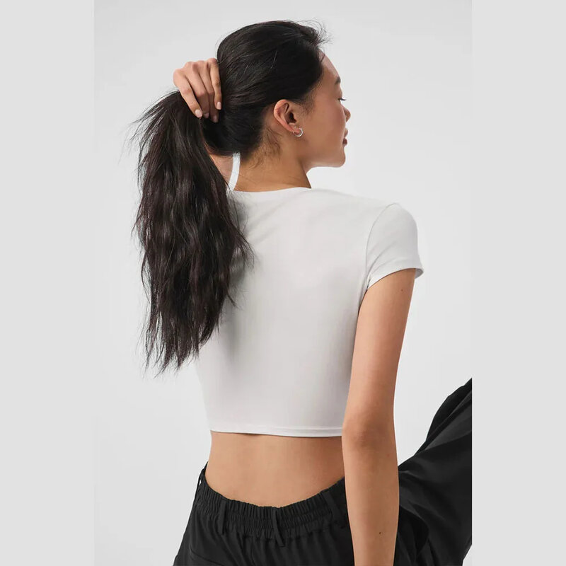 Облегающий Быстросохнущий кроп-топ Alosoft с коротким рукавом для йоги Женская Повседневная Универсальная футболка эластичная ткань