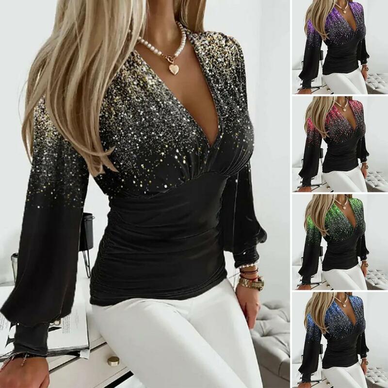Women V-neck Top Elegant Office Lady Blouses V-neck Gradient Color Rhinestones Top Lace Shirt with Hollow Out Design for Spring