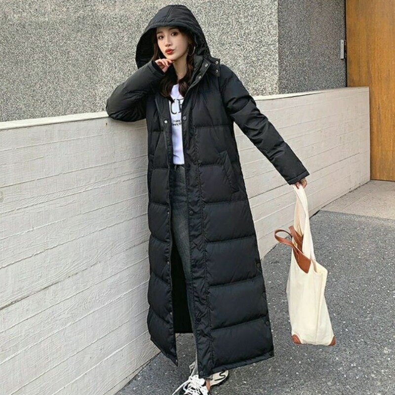 Jaket Down wanita, mantel musim dingin Super panjang di atas lutut parka Slim-fit Hoodie pakaian luar hangat tebal 2023