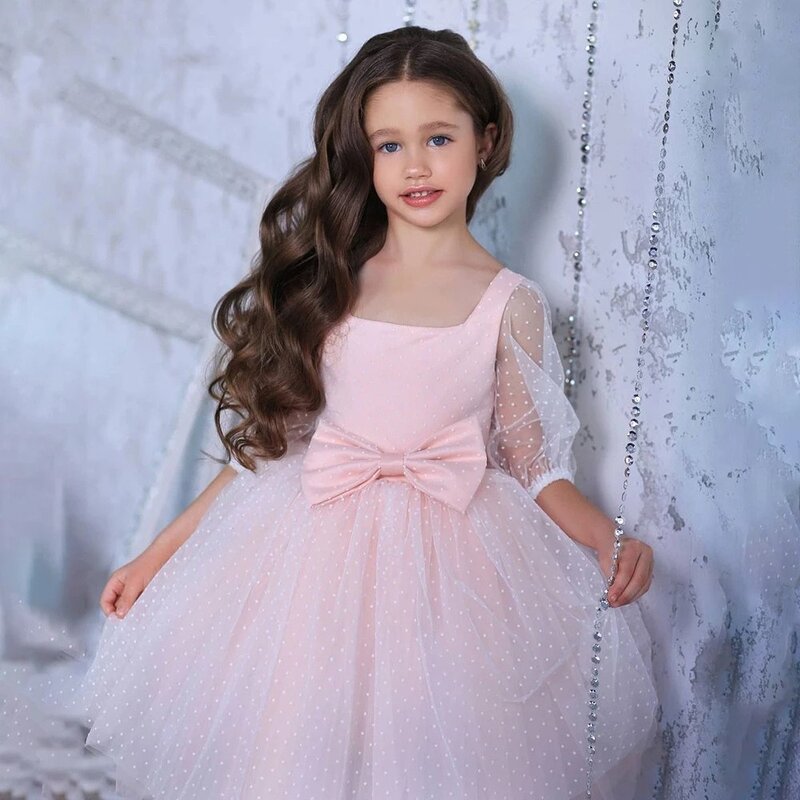 لطيف مربع طوق فستان زهرة ، ثوب القوس لفتاة صغيرة ، الأميرة ، حفلة موسيقية ، التواصل ، عيد ميلاد ، الزفاف ، تخصيص