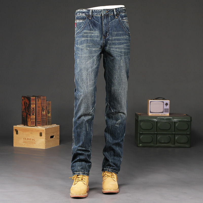 Pantaloni Jeans dritti lavati Vintage per uomo abbigliamento da lavoro pantaloni da Cowboy maschili con tasche Plus Size estetico economico retrò classico