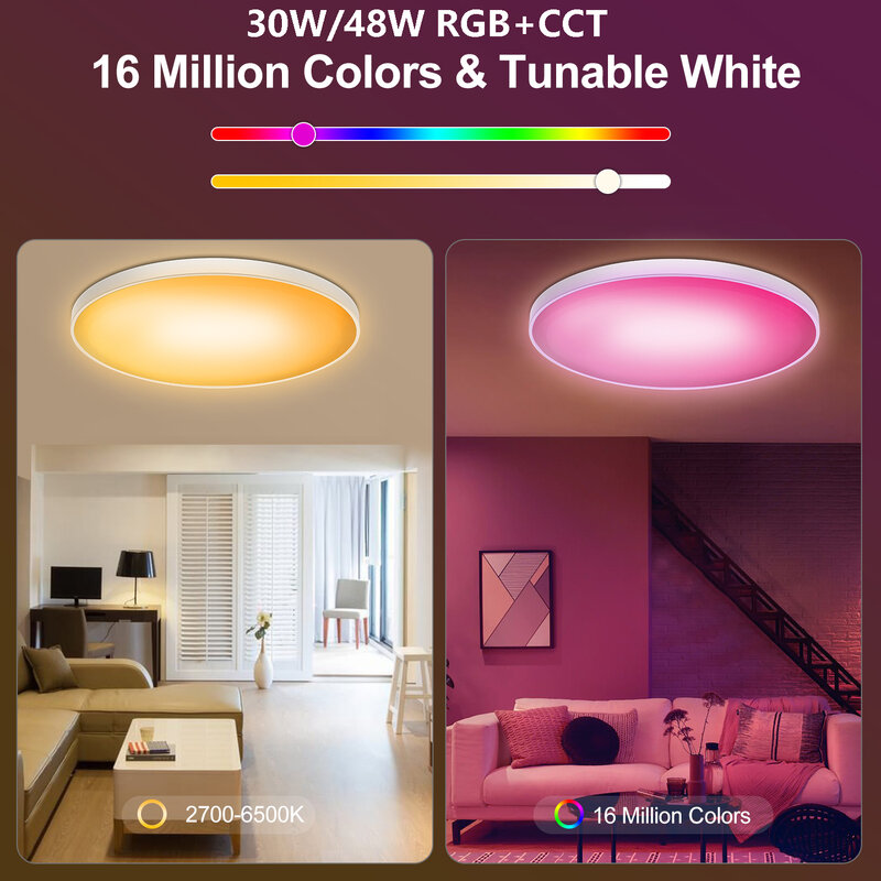 Lampu langit-langit pintar LED, alat penerangan dalam ruangan putih hangat RGB kendali WiFi kendali jarak jauh untuk dekorasi ruang tamu