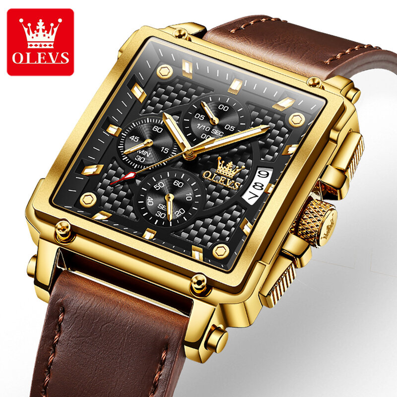 OLEVS-reloj deportivo de cuero para hombre, cronógrafo de pulsera de cuarzo cuadrado, resistente al agua, con fecha, marca superior de lujo