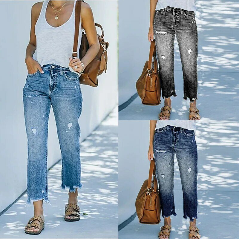 Синие джинсы для женщин 2024, прямые брюки с высокой талией и дырками для мам, джинсовые осенние повседневные длинные уличные брюки Y2k, Капри, мешковатые