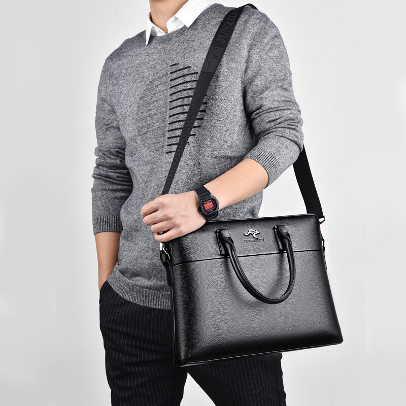 Business PU Leather Men Briefcase Vintage Zipper Handbag Large Capacity Shoulder Crossbody Bags Male Laptop Bags