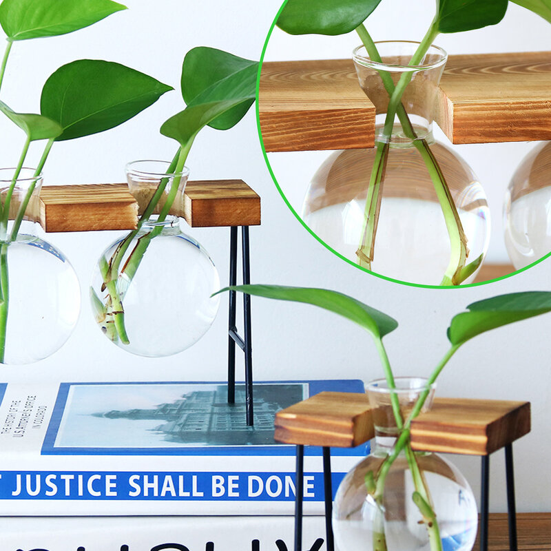 Macetas de imitación de vidrio para plantas hidropónicas, macetas sin suelo, florero de madera hidropónico para Decoración de mesa del hogar