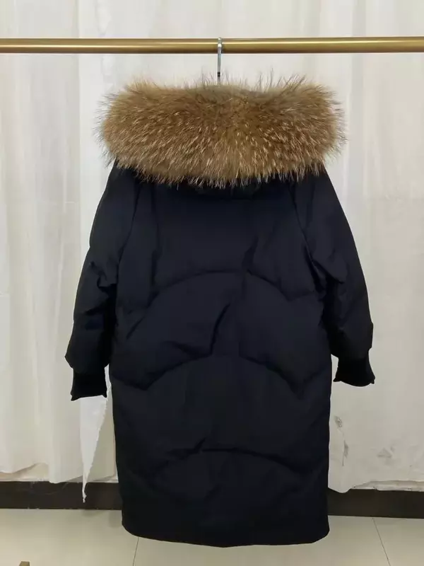 Женская длинная куртка-пуховик до колена с большим лисьим воротником, зимняя новая свободная и Толстая куртка с капюшоном на белом утином пуху