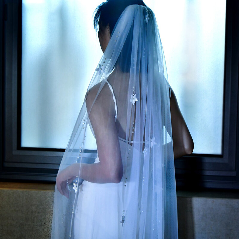 حجاب شبكي بنجمة بيضاء ، غطاء رأس رومانسي للعرائس ، حجاب زفاف ، BL4056