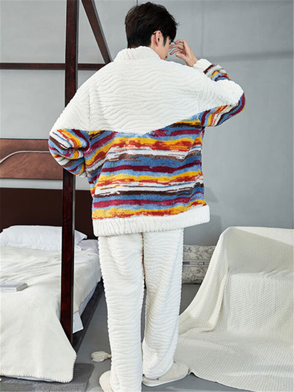 Męska zimowa ciepły materiał polarowa piżama zestaw puszysty płaszcz + długie spodnie męska bielizna nocna do spania 2-częściowa odzież domowa leżakowa