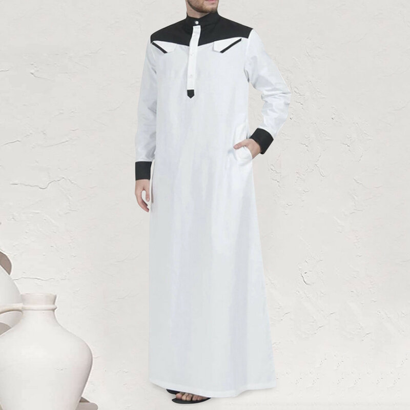 Pakaian Muslim Tradisional Warna Kontras Gaun Muslim Timur Tengah Jubba Thobe Jubah Pria dengan Lengan Panjang Leher Mandarin