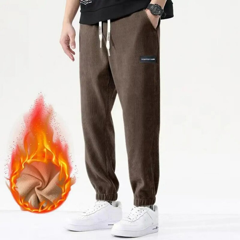 Мужские тренировочные брюки, утепленные плюшевые широкие спортивные брюки на шнурке с эластичным поясом и карманами для осени и зимы, теплые мужские брюки