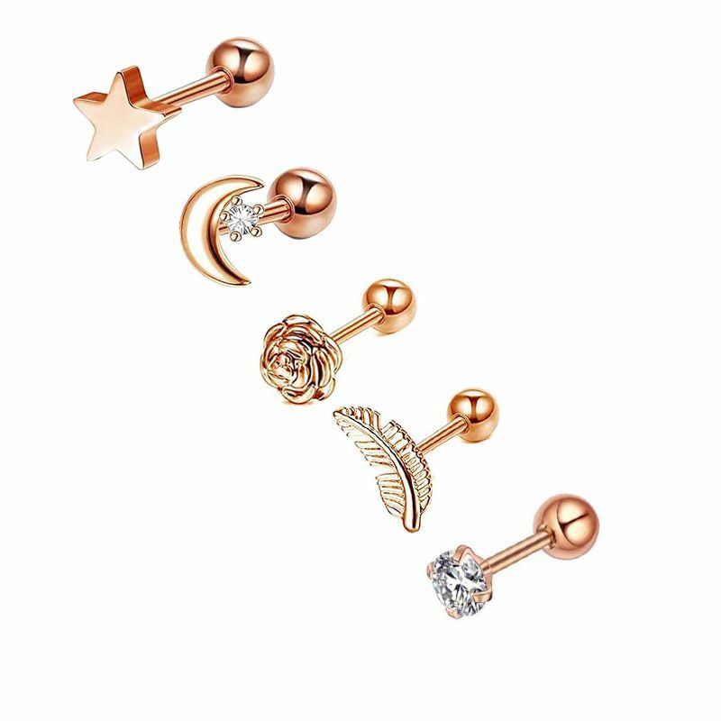 5PCS Star Tragus Stud Earring Set Heart Small Stud Set lobi Piercing cartilagine Stud Helix Jewelry Cz Barbell Piercing orecchini