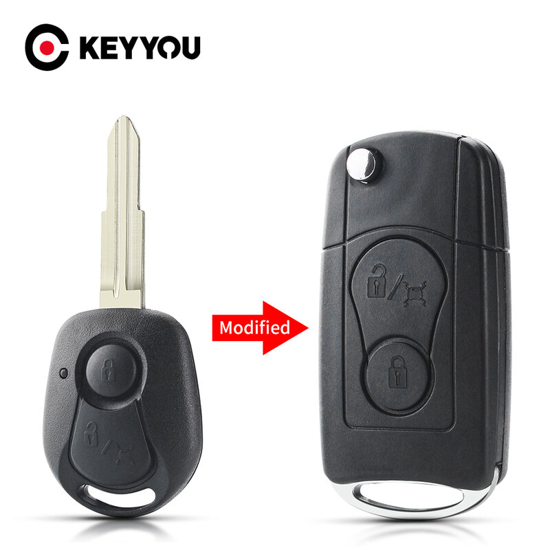 KEYYOU-funda para llave de coche, carcasa para llave remota, abatible, modificada, 2 botones, SsangYong Actyon Kyron Rexton, hoja en blanco sin cortar