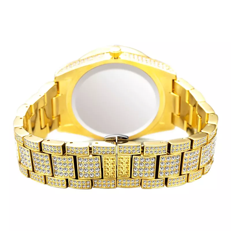 Reloj chapado en oro de 18K para hombre y mujer, cronógrafo de cuarzo con diamantes Aaa de lujo, estilo Hip Hop, doble calendario